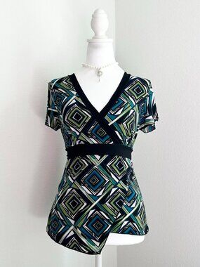 Y2K Byline Blue Green and Black Short Sleeve Babydoll Top